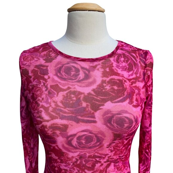 Y2K Sheer Long Sleeve Mesh Floral Top Pink Whimsigoth Fairy Grunge Coquette-S - Picture 3 of 9